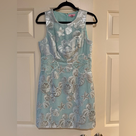Lilly Pulitzer Blue Metallic Silver Jacquard Sleeveless Mila Shift Dress… - Picture 5 of 10
